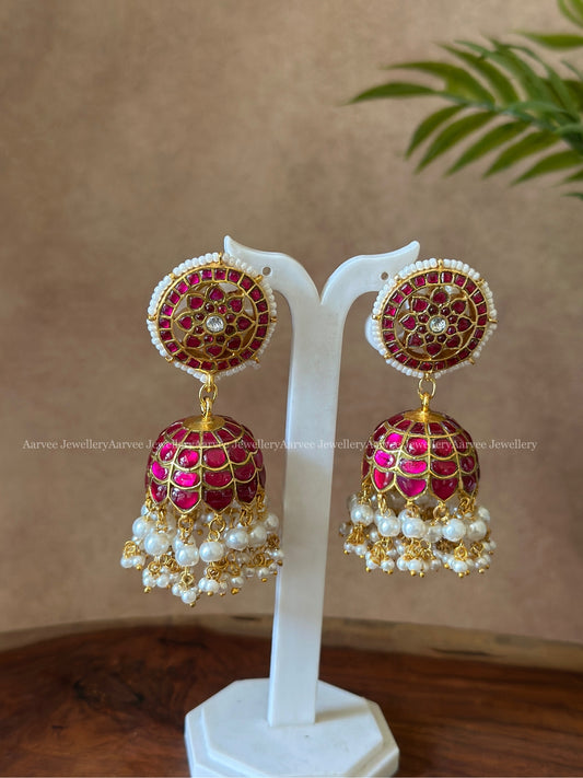 JADAU KUNDAN ADITI BUTTA BIG SIZE JHUMKI WITH PEARLS & FULL RUBY STONES