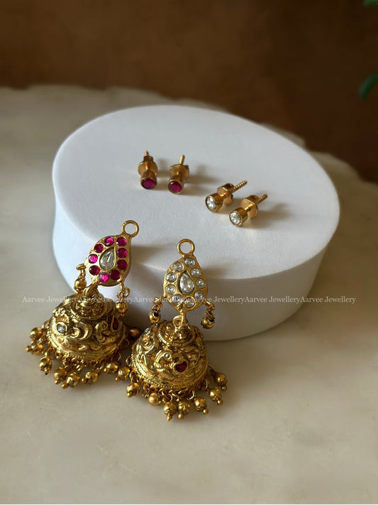 JADAU KUNDAN REVERSIBLE 2 IN 1 MANGO MOTIF JHUMKI WITH PINK AND WHITE STONES & GOLD BEADS