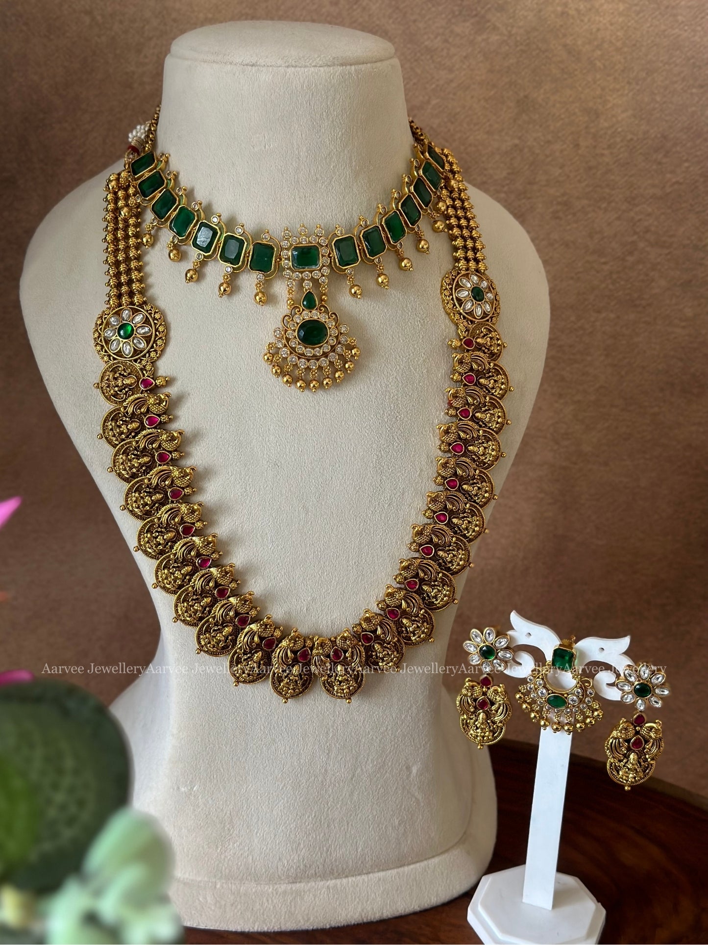 COMBO - CZ GREEN STONE NECKLACE SET WITH NAKSHI COIN MID LENGTH HARAM SET