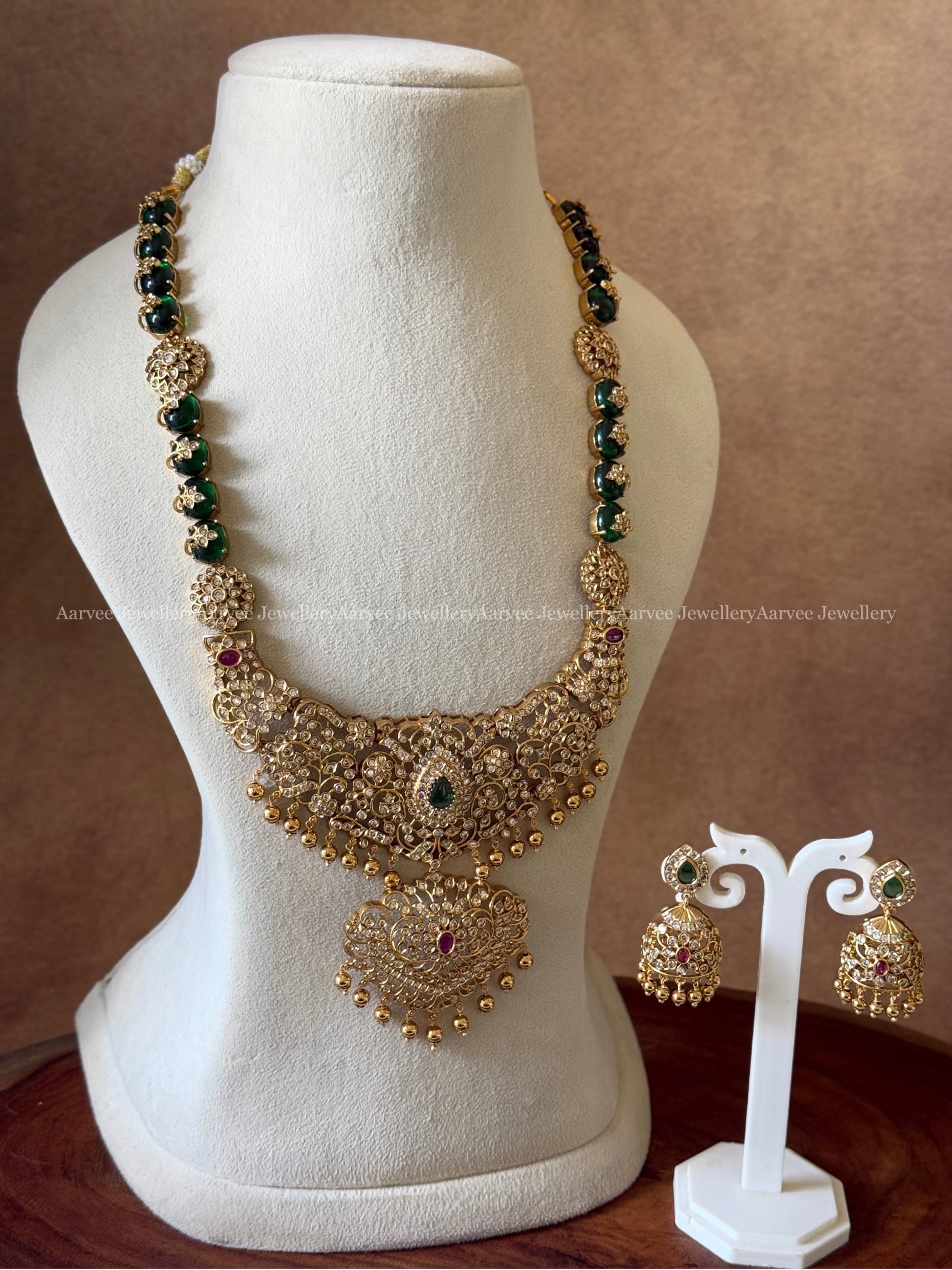 CZ GREEN STONE HARAM SET WITH GOLD BEADS