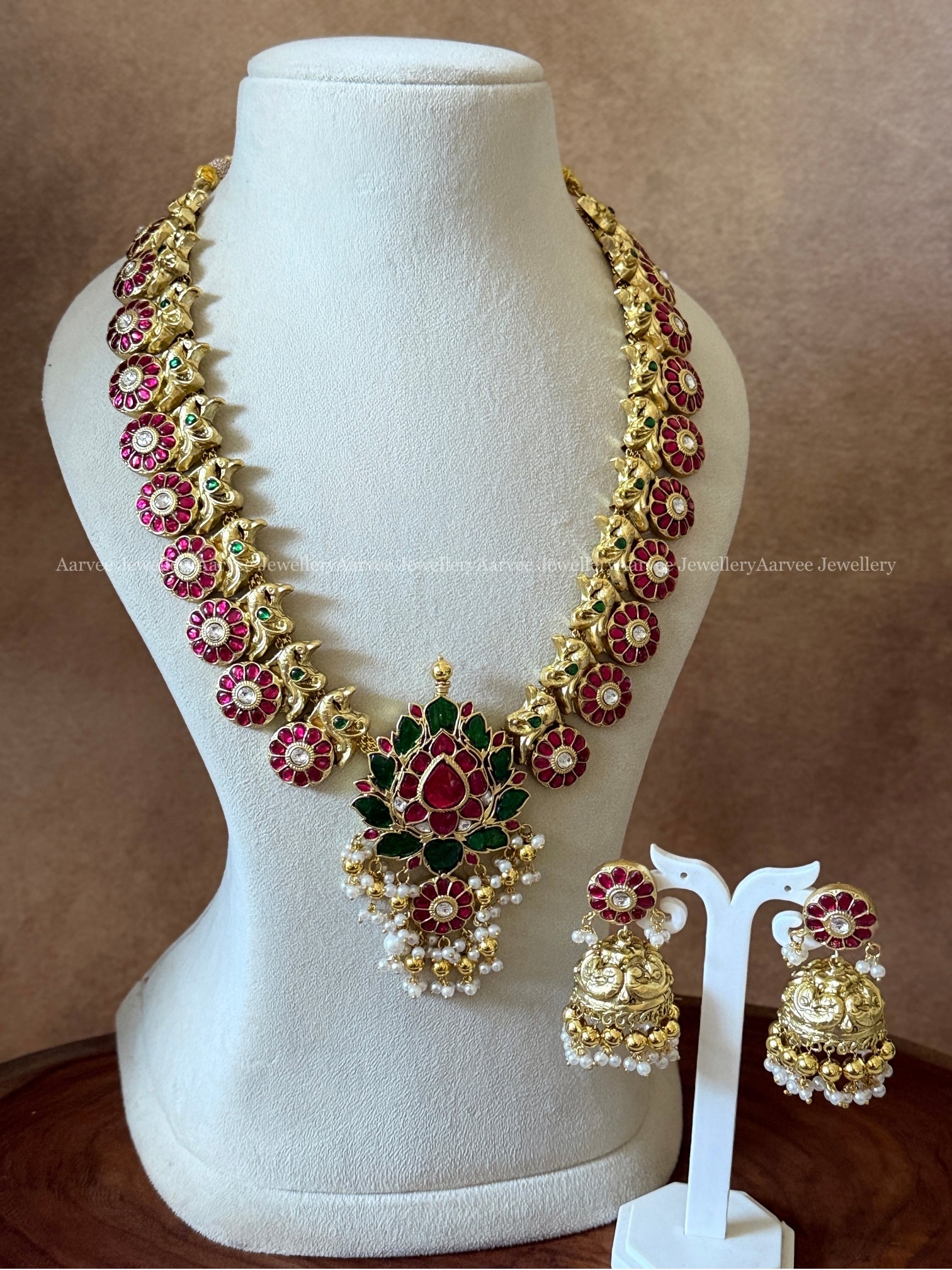 JADAU KUNDAN RUBY / GREEN STONE LOTUS HARAM SET WITH GOLD BEADS & PEARLS