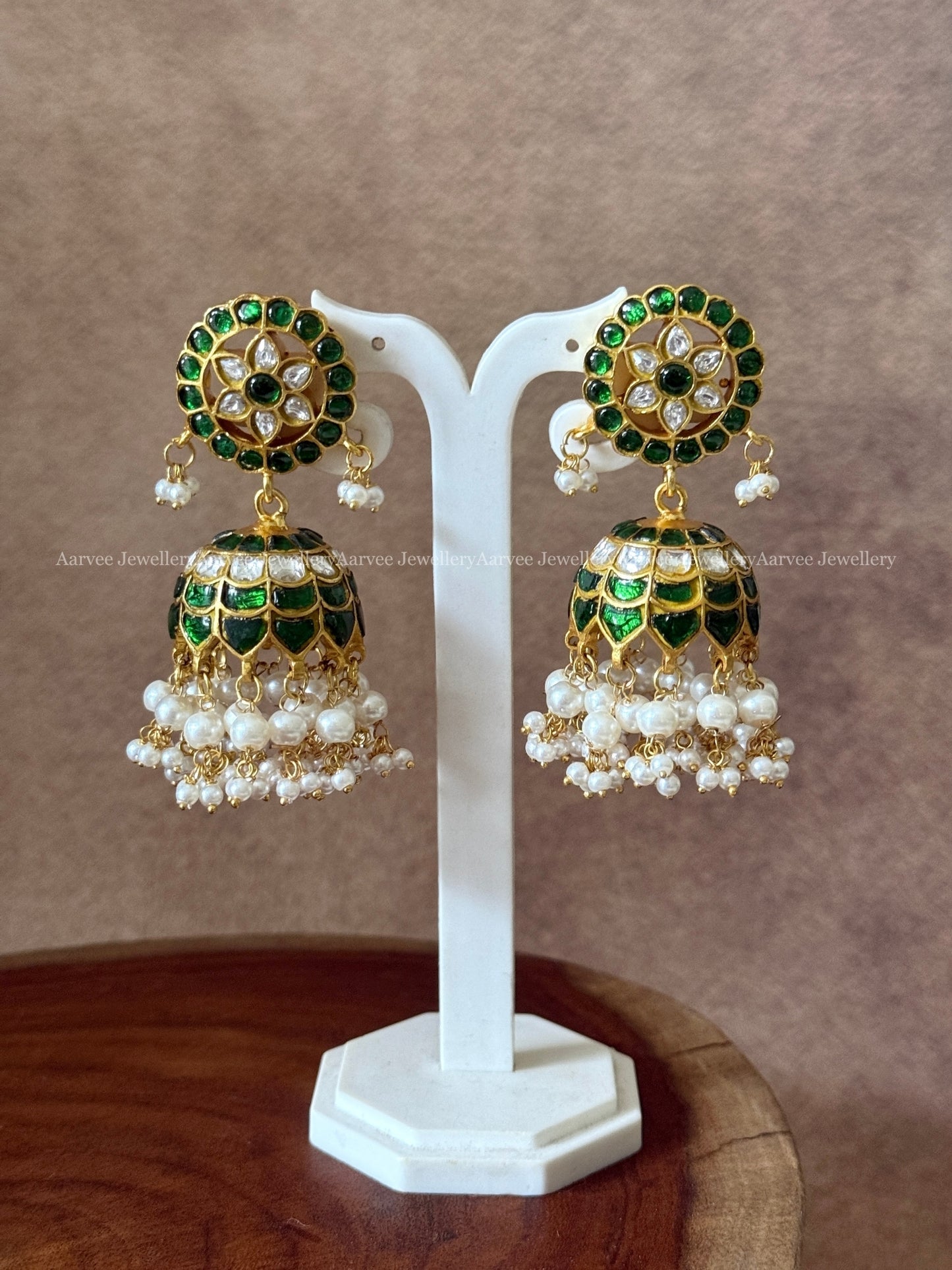 JADAU KUNDAN FLORAL BUTTA JHUMKI WITH GREEN / WHITE STONES