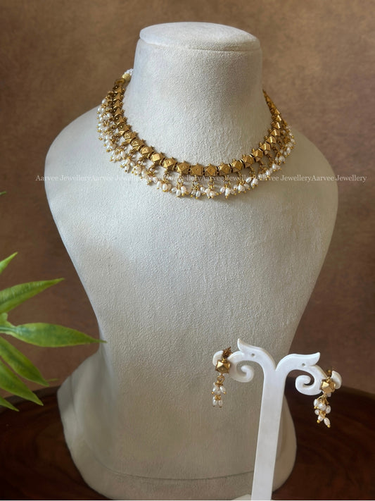 GOLD BALL NECKLACE SET WITH RICE PEARLS