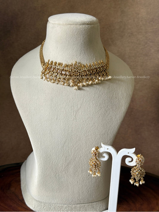 GOLD FINISH CZ STONES MINIMAL CHOKER SET WITH WHITE STONES