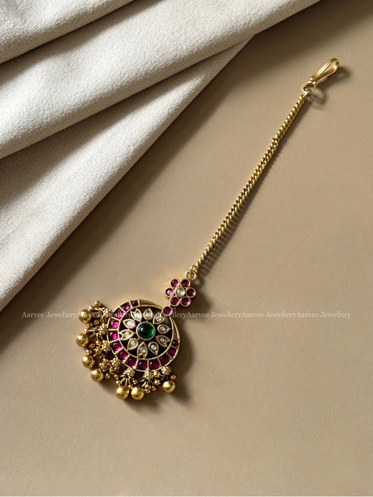 MULTI COLOR KEMP STONE MANGTIKKA WITH GOLD BEADS