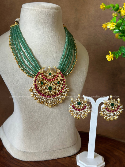 POLKI KUNDAN SET WITH LAYERED PASTEL BEADS WITH KUNDAN PENDANT