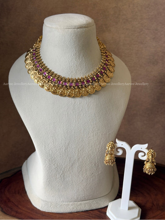 HIGH QUALITY ANTIQUE FINISH LAKSHMI COIN NECKLACE SET WITH SEMI PRECIOUS KEMP RUBY STONES