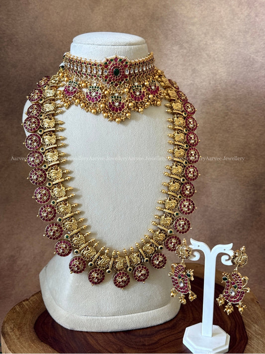COMBO - RUBY STONE MULTI PENDANT CHOKER & GOLD TONE BUTTA BRIDAL HARAM SET WITH GOLD BEADS