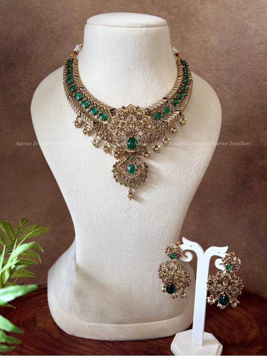 GREEN STONE PEACOCK DESIGN NECKLACE SET WITH GOLD BEADS - NON IDOL