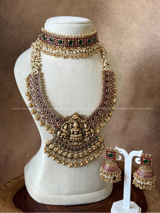 COMBO - KEMP CHOKER WITH MID LENGTH LAKSHMI PENDANT HARAM SET WITH RUBY / GREEN STONES