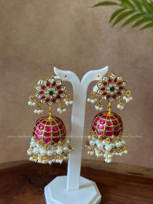 PINK COLOR JADAU KUNDAN FLORAL JHUMKI WITH PEARLS