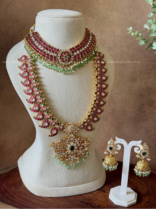 COMBO - JADAU KUNDAN RUBY STONE BUTTA CHOKER | JADAU KUNDAN RUBY STONE MANGO MOTIF MID LENGTH HARAM SET WITH WHITE STONE PENDANT & PASTAL BEADS