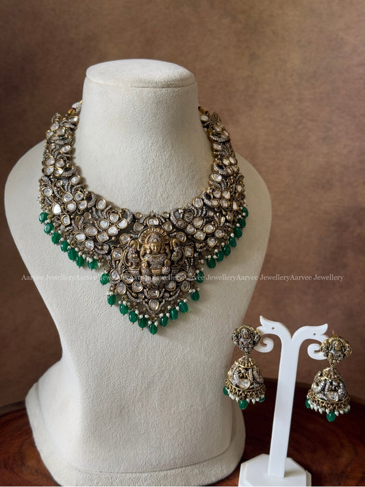 VICTORIAN STATEMENT NECKLACE SET WITH LAKSHMI PENDANT AND GREEN BEADS
