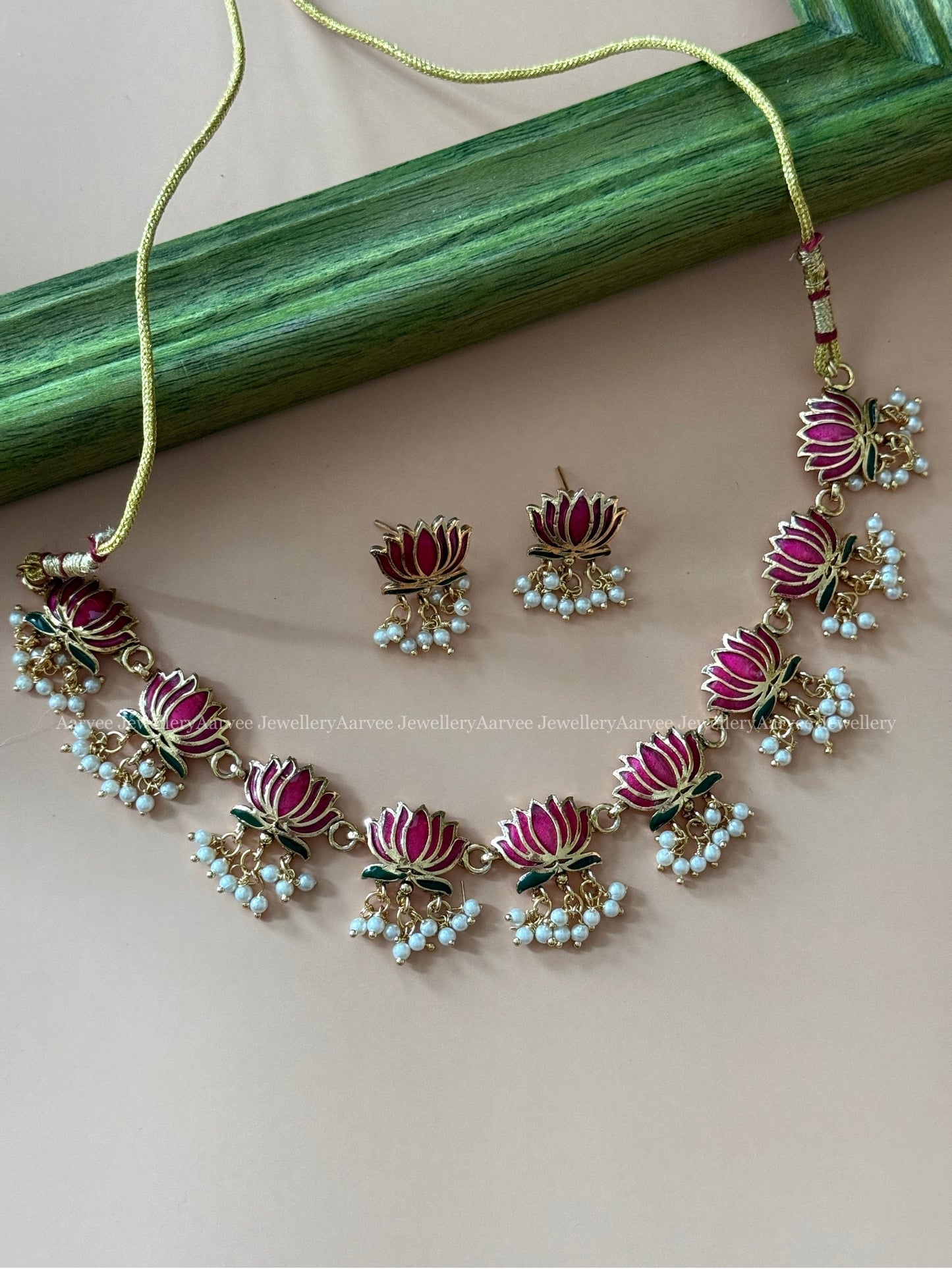 PINK LOTUS NECKLACE SET WITH PEARL DROPS - PREMIUM