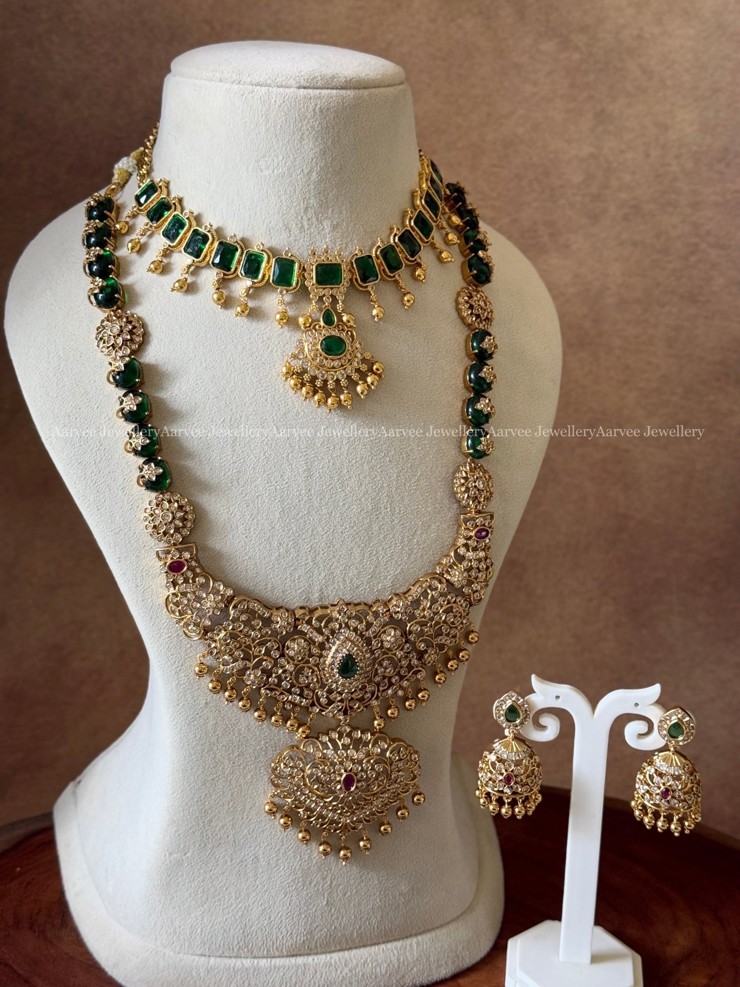 COMBO - CZ GREEN STONE NECKLACE AND CZ GREEN STONE HARAM SET WITH GOLD BEADS