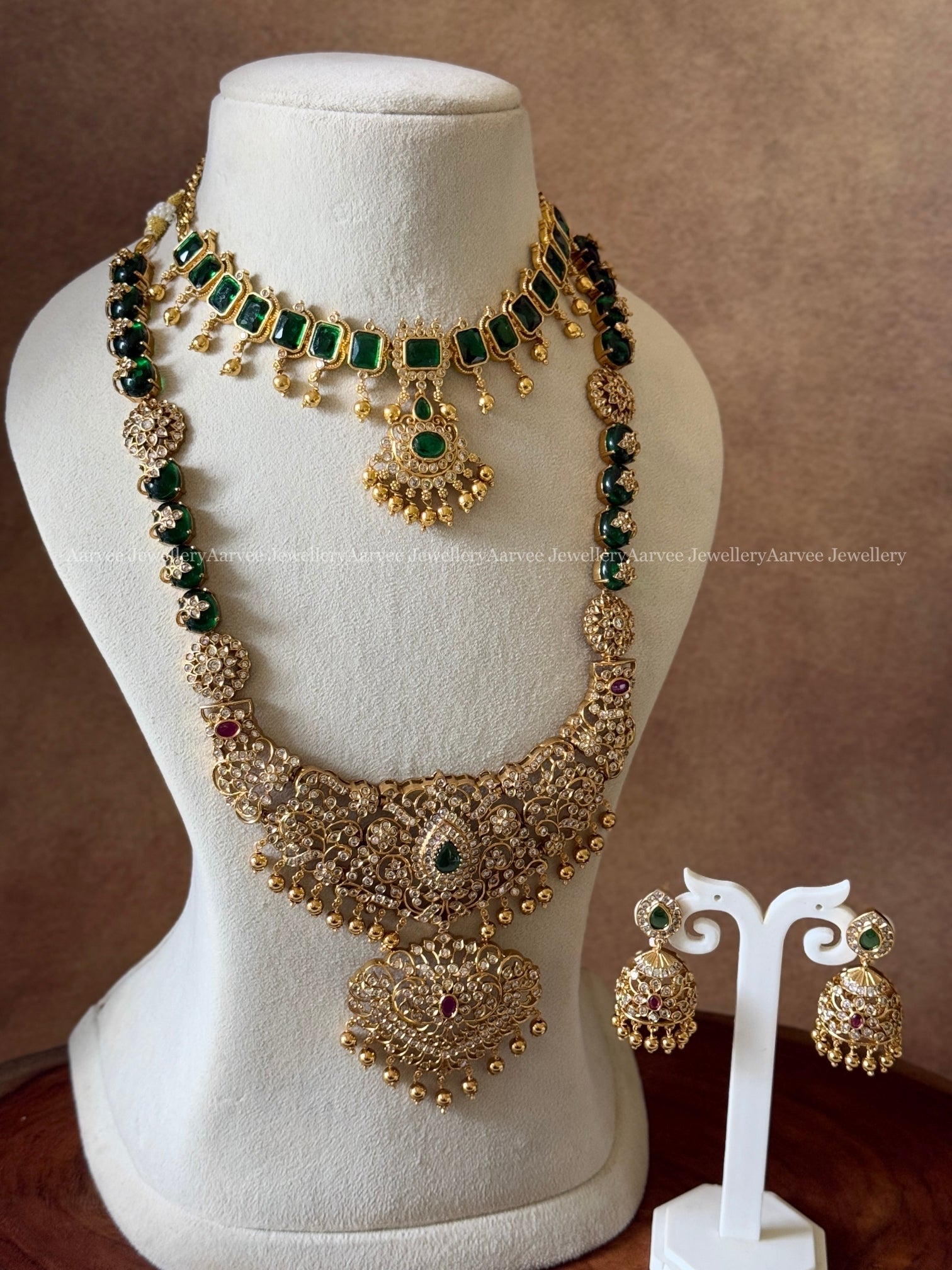 COMBO - CZ GREEN STONE NECKLACE AND CZ GREEN STONE HARAM SET WITH GOLD BEADS