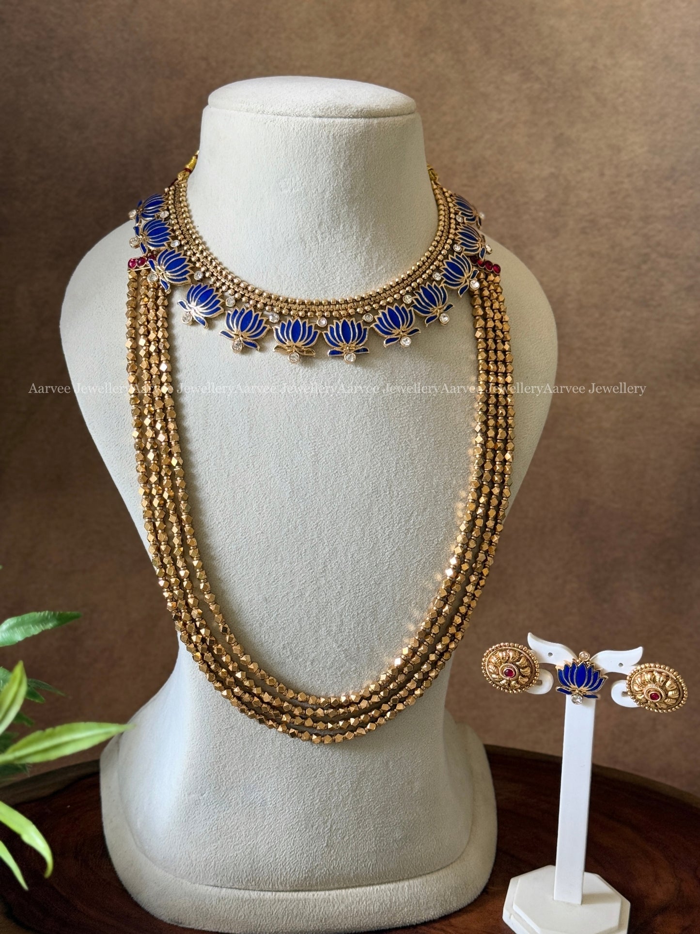 COMBO - BLUE COLOR GOLD CHAIN LOTUS NECKLACE WITH GOLD BEADED LAYERED MALA SET 