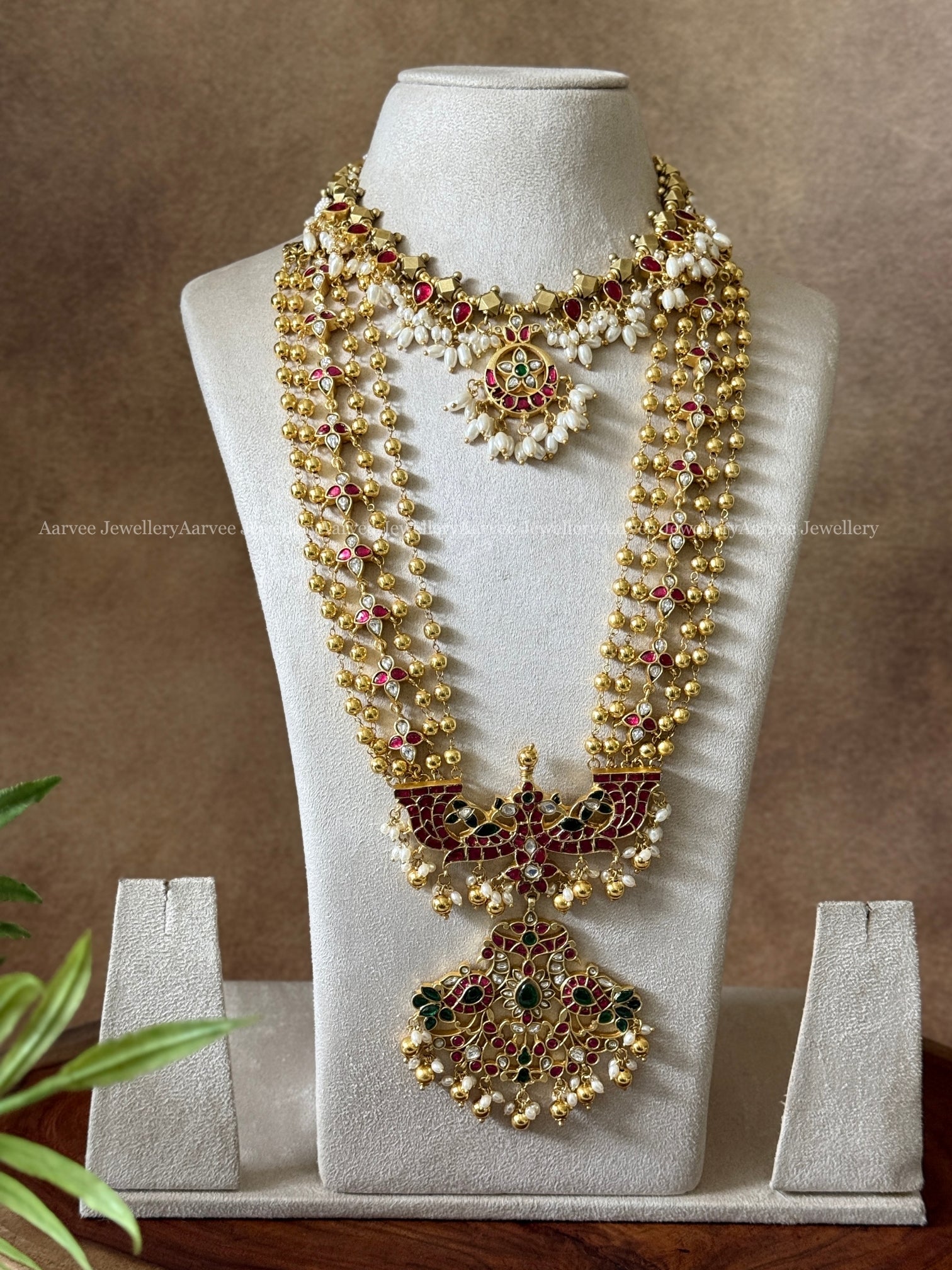 COMBO - JADAU KUNDAN GOLD BALL NECKLACE WITH GOLD BEADED LAYERED MID LENGTH HARAM WITH PEACOCK PENDANT