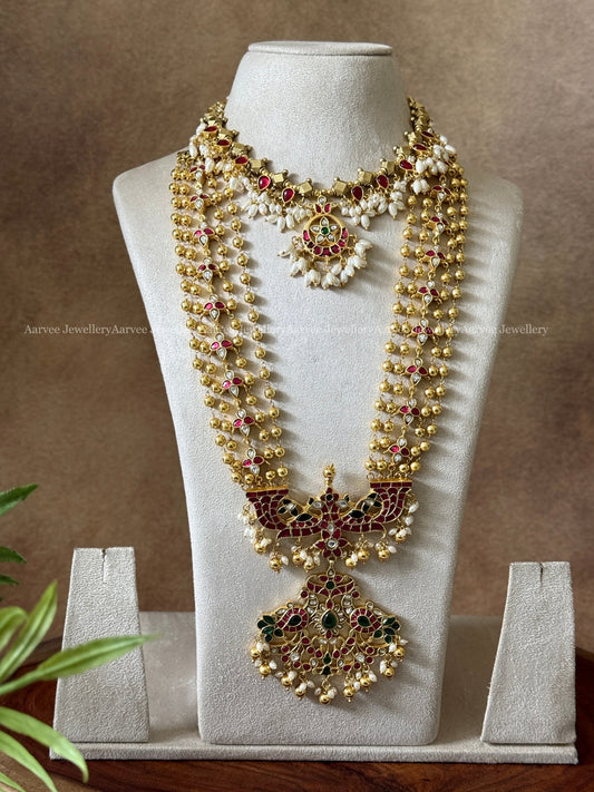 COMBO - JADAU KUNDAN GOLD BALL NECKLACE WITH GOLD BEADED LAYERED MID LENGTH HARAM WITH PEACOCK PENDANT