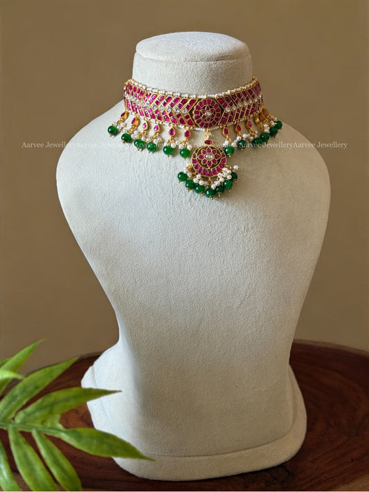 JADAU KUNDAN CHOKER WITH PINK STONES & GREEN BEADS | Aditi Inspired