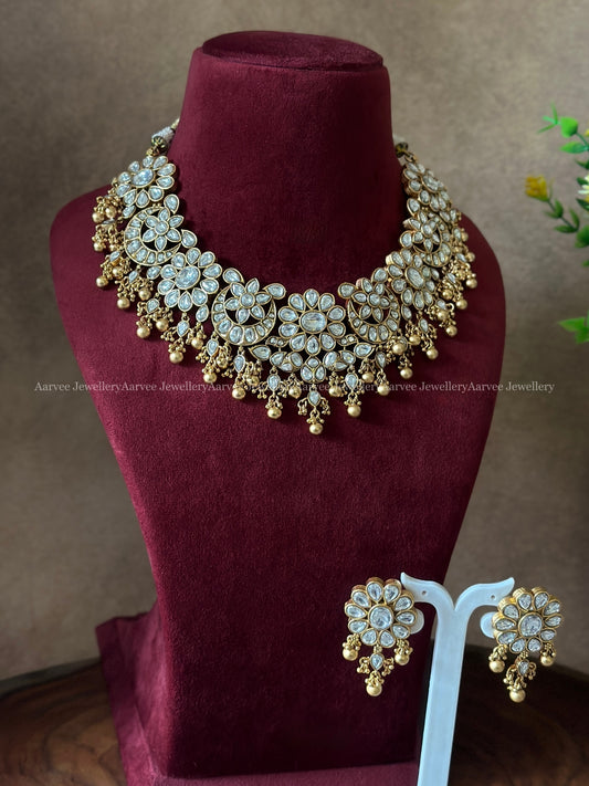 FLORAL NECKLACE SET WITH KUNDAN STONES AND GOLD BEADS