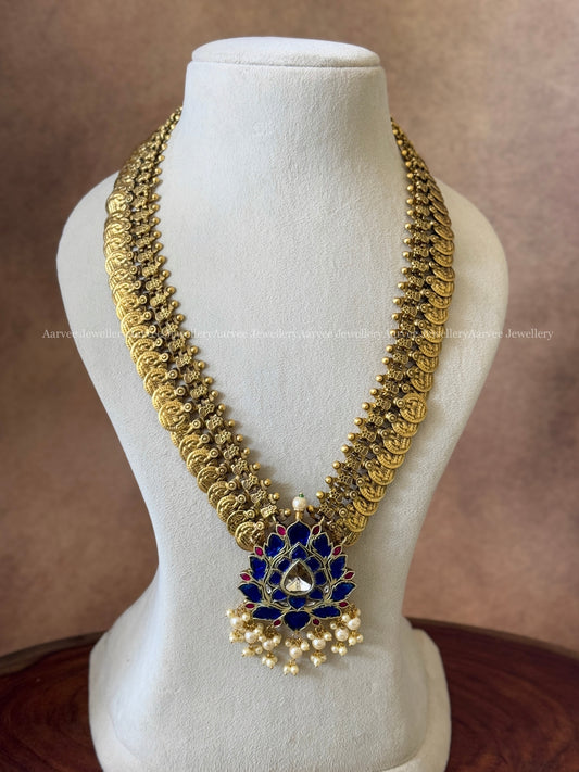 JADAU KUNDAN MID LENGTH COIN CHAIN WITH BLUE STONE LOTUS PENDANT