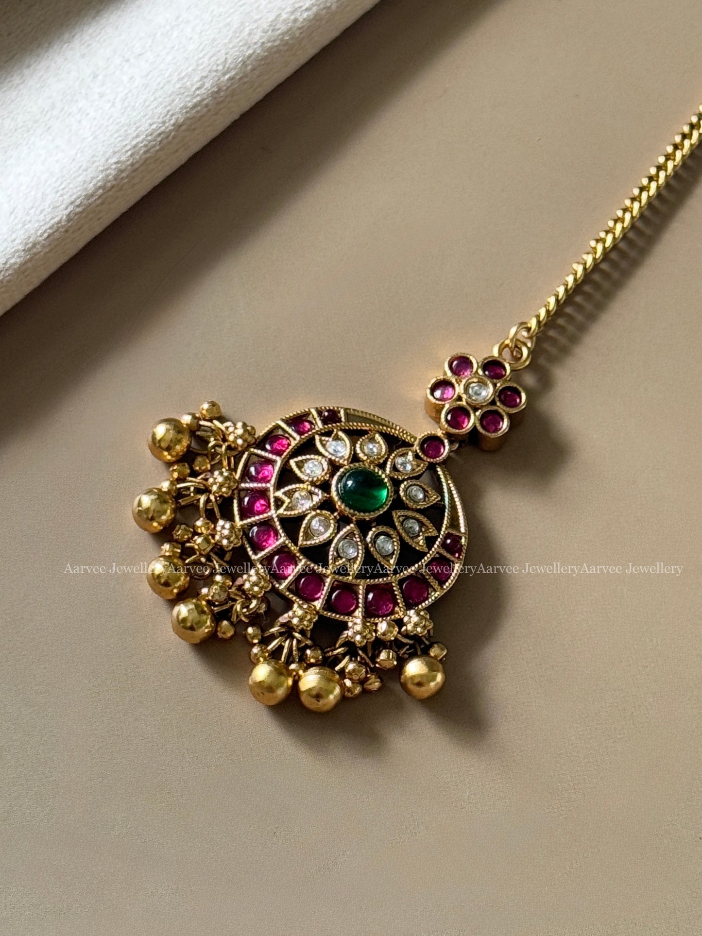 MULTI COLOR KEMP STONE MANGTIKKA WITH GOLD BEADS