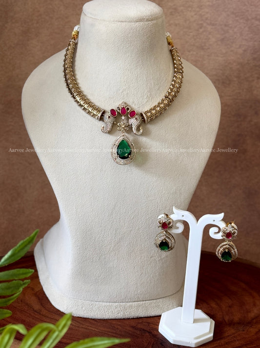 CZ STONES KANTI NECKLACE SET WITH ELEPHANT MOTIF PENDANT