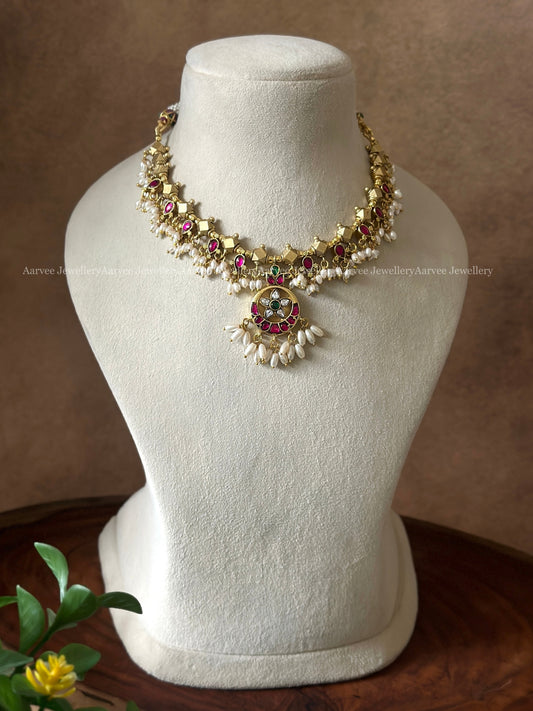 JADAU KUNDAN GOLD BALL BEADED NECKLACE WITH FLORAL PENDANT OVAL SHAPE PEARLS