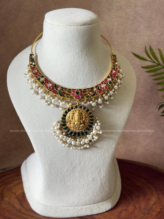 HASLI DESIGN JADAU KUNDAN NECKLACE WITH GANESHA PENDANT AND PEARL BEADS | GOLD FINISH