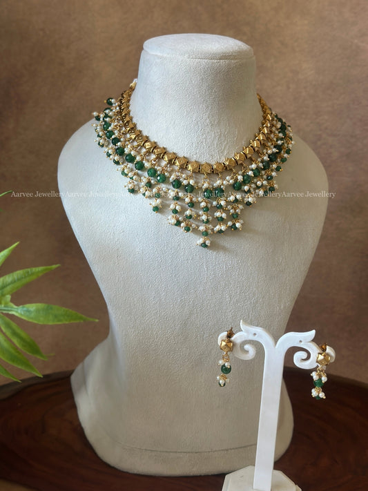 GOLD BEADED NECKLACE SET WITH GREEN & PEARL LAYERED BEADS