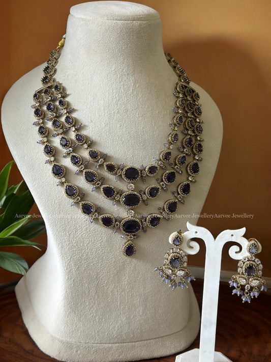 VICTORIAN THREE LAYERED NECKLACE SET WITH PURPLE BEADS