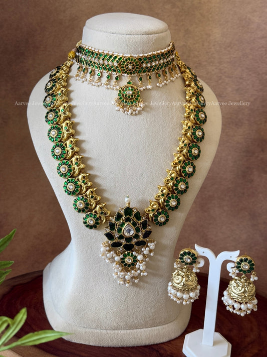 COMBO - GREEN STONE ADITI CHOKER | JADAU KUNDAN GREEN STONE  BUTTA HARAM SET WITH LOTUS PENDANT & PEARL BEADS