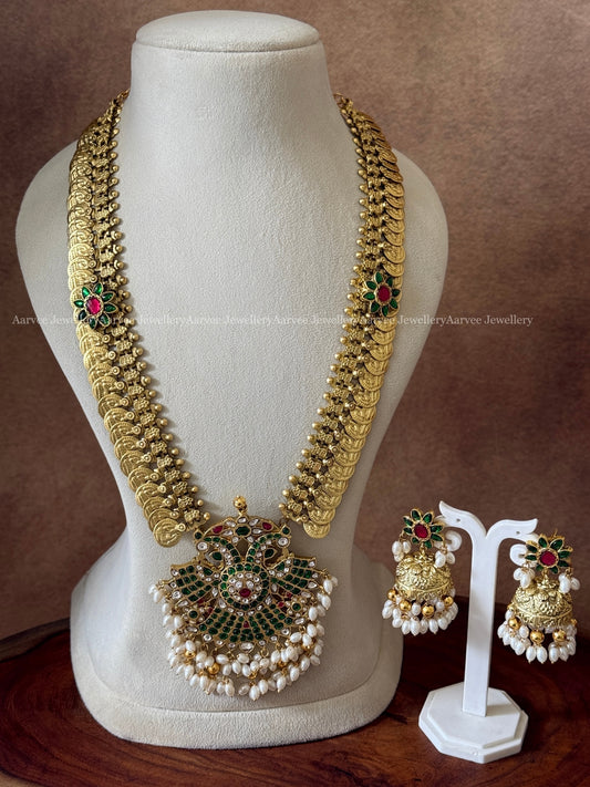 GOLD COIN MID LENGTH HARAM SET WITH PEACOCK PENDANT WITH PEARLS - GREEN STONES
