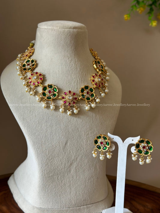 FLORAL DESIGN JADAU KUNDAN NECKALCE SET WITH GREEN / PINK STONES AND PEARL BEADS