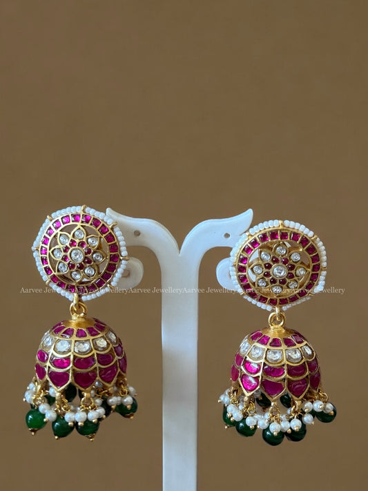 JADAU KUNDAN BUTTA JHUMKI WITH PINK STONES & GREEN BEADS