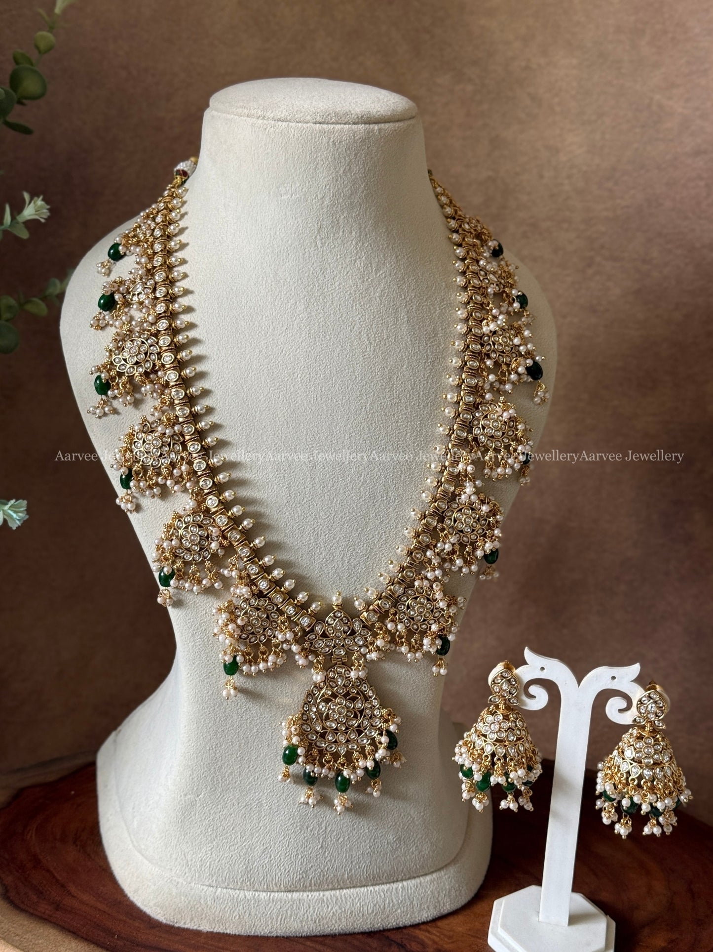 KUNDAN WHITE STONE FLORAL GUTTA PUSALU HARAM SET WITH PEARL & GREEN BEADS