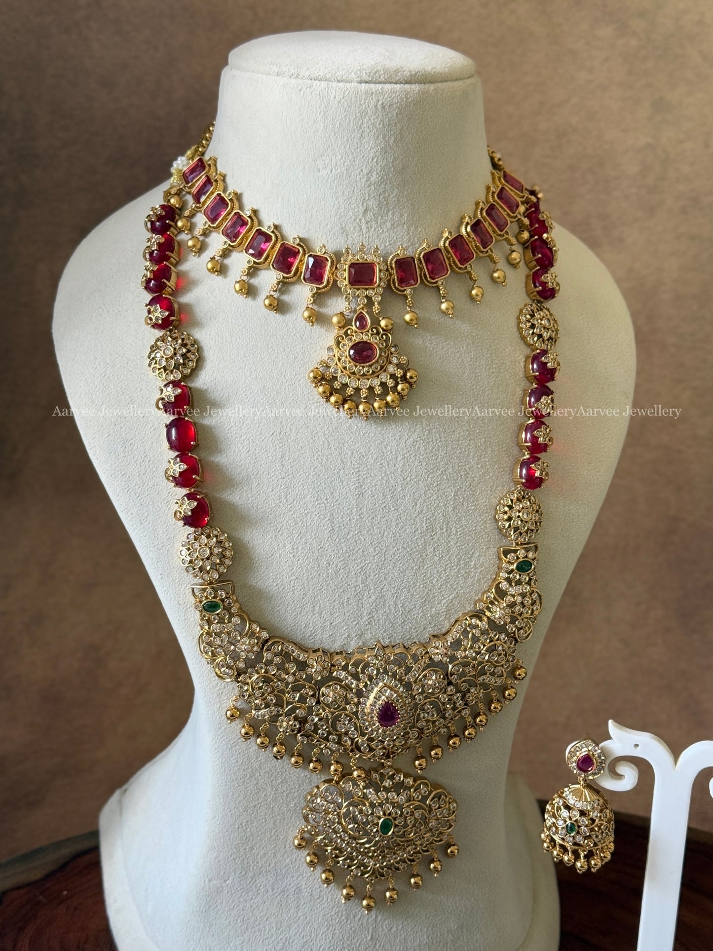 COMBO - CZ RED STONE NECKLACE AND CZ RED STONE HARAM SET WITH GOLD BEADS