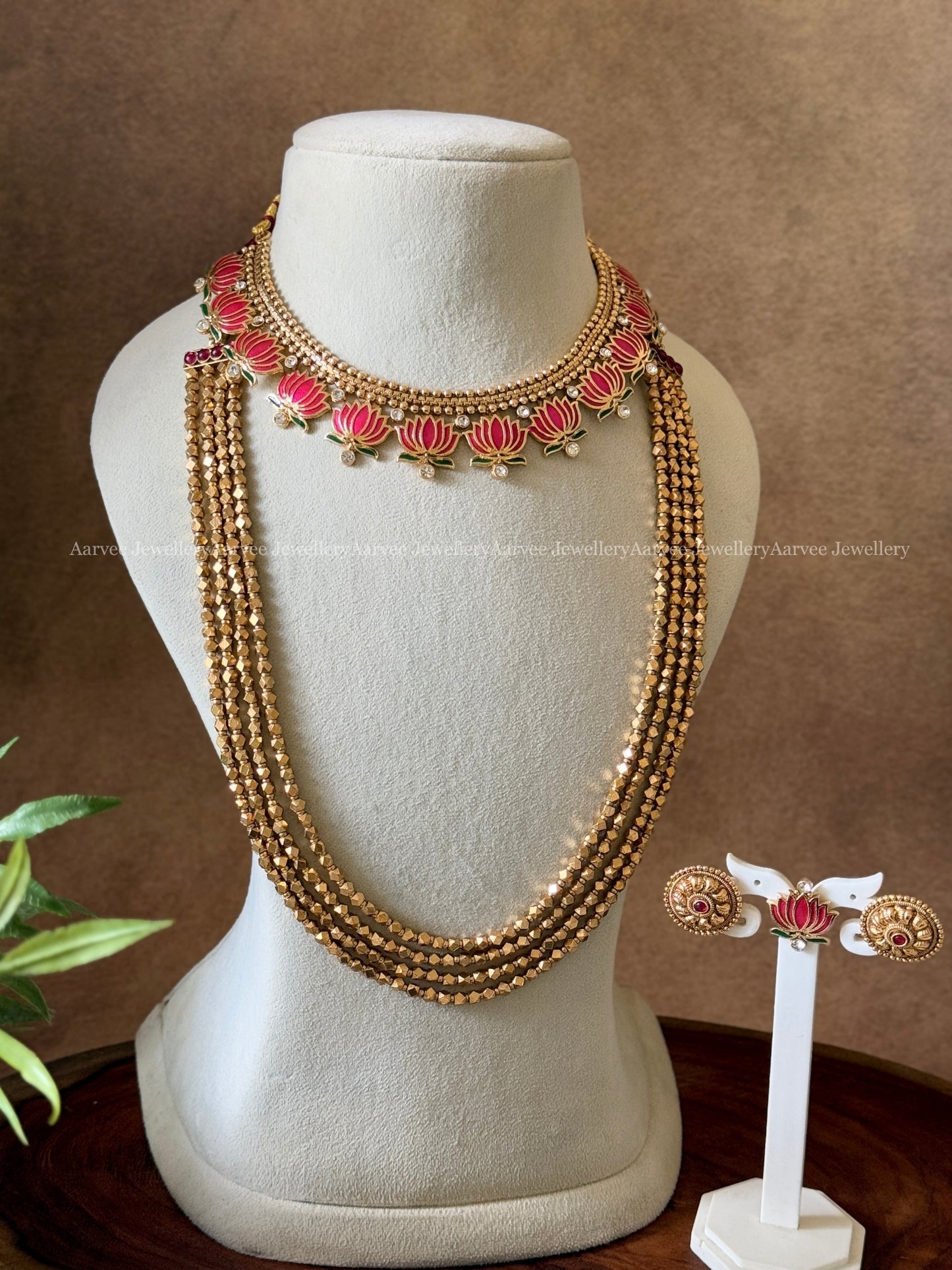 COMBO - PINK COLOR GOLD CHAIN LOTUS NECKLACE WITH GOLD BEADED LAYERED MALA SET 