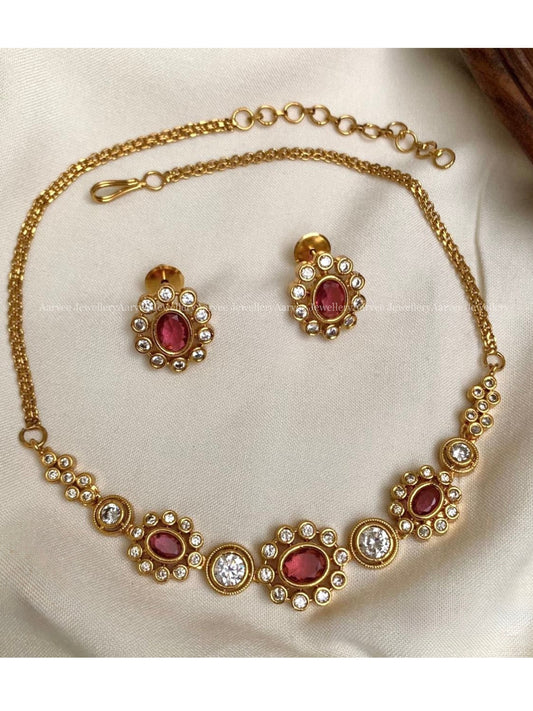 CZ RUBY STONE MINIMAL NECKLACE SET