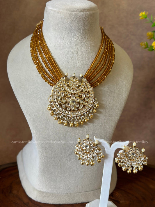 POLKI KUNDAN SET WITH LAYERED MUSTARD BEADS WITH KUNDAN PENDANT