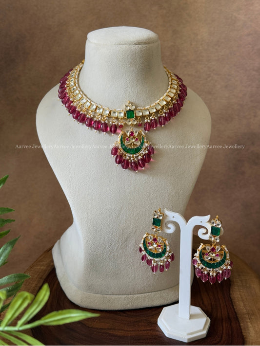 POLKI KUNDAN NECKLACE SET WITH WHITE STONES & RUBY BEADS