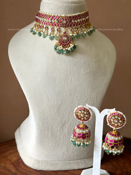 RUBY STONE CHOKER SET PAIRED WITH A BIG SIZED BUTTA JHUMKI WITH PASTEL BEADS