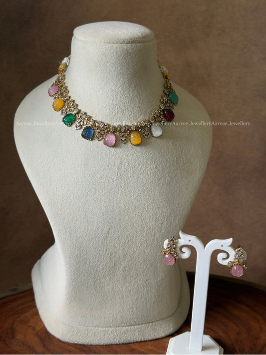 MINIMAL NAVARATHNA MULTI COLOR  CZ STONES NECKLACE SET