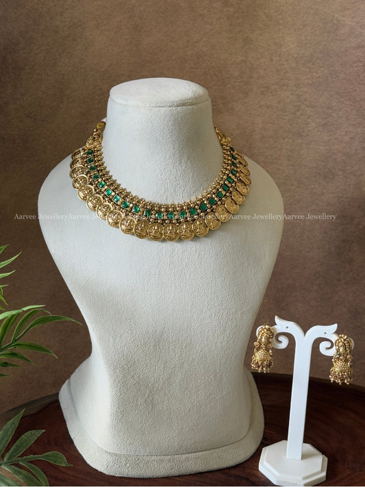 HIGH QUALITY ANTIQUE FINISH LAKSHMI COIN NECKLACE SET WITH SEMI PRECIOUS KEMP GREEN STONES
