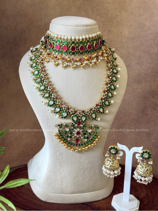 COMBO - JADAU KUNDAN CHOKER AND MID- LENGTH NECKLACE SET WITH GREEN STONES