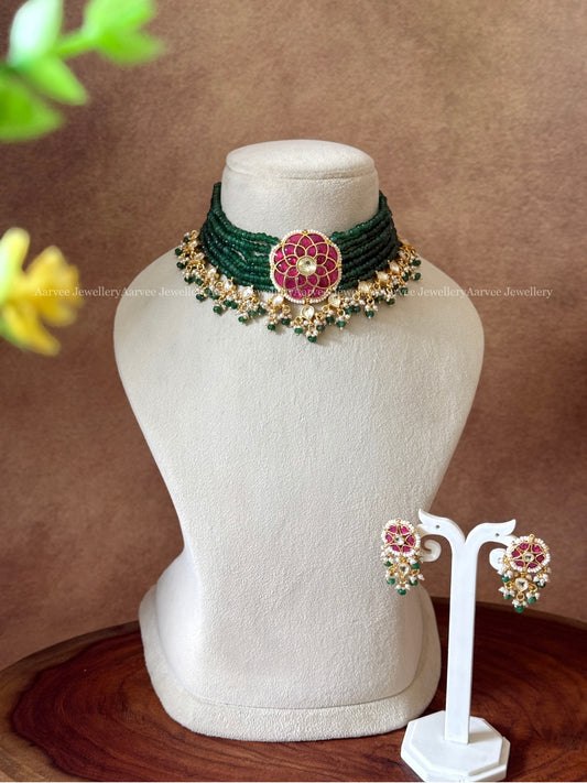DARK GREEN BEADED POLKI KUNDAN HIGH NECK CHOKER SET WITH PINK STONE FLORAL PENDANT