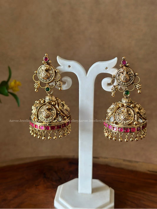 JADAU KUNDAN ANTIQUE GOLD NAGAS JHUMKI WITH GOLD BEADS