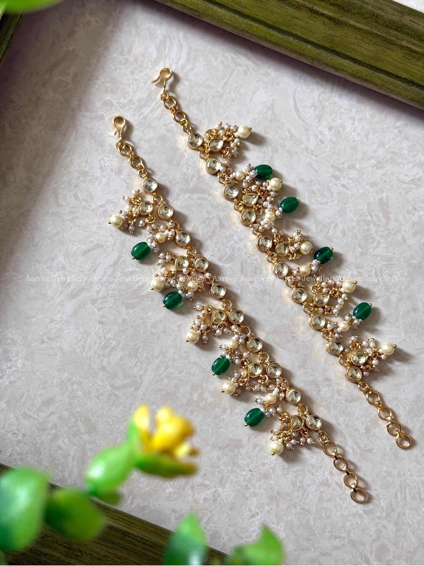 EAR CHAIN WITH WHITE KUNDAN STONE AND GREEN BEADS