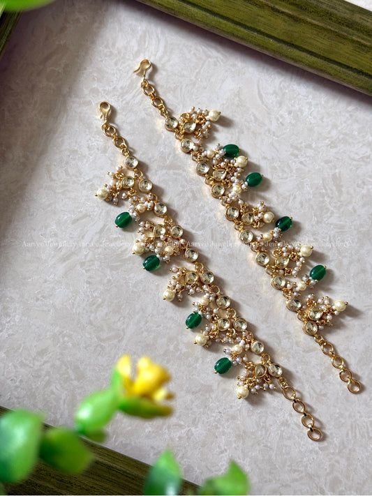 EAR CHAIN WITH WHITE KUNDAN STONE AND GREEN BEADS